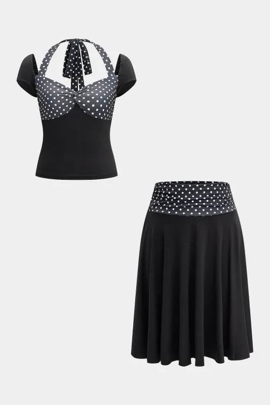 Polka Dots Print Patchwork Halter Neck Short-Sleeve Tank Top And Ruched Skirt Set sold by Micas
