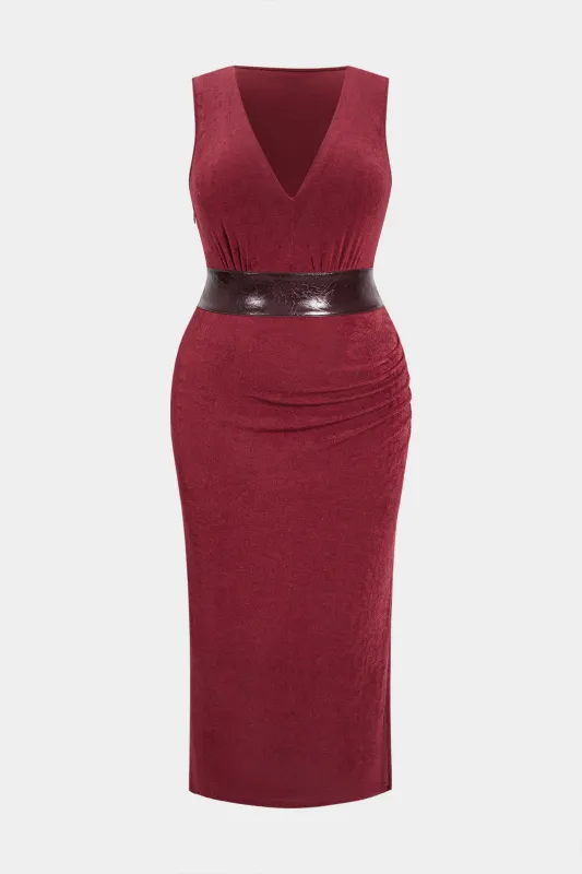 Plus Size Faux Leather Patchwork  V-Neck Ruched Sleeveless Midi Dress sold by Micas