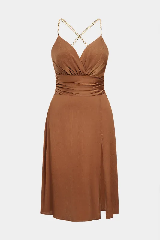 Plus Size Metallic Chain Side Slit Ruched Sleeveless Maxi Dress sold by Micas