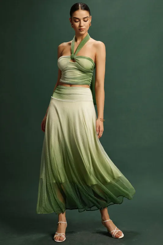 Watercolor Halter Neck Tie-Back Backless Cami Top And Ruched Skirt Set sold by Micas