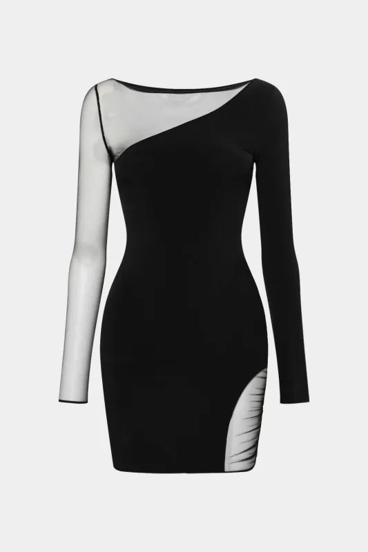 Mesh Round Neck Asymmetrical Patchwork Long Sleeve Mini Dress sold by Micas