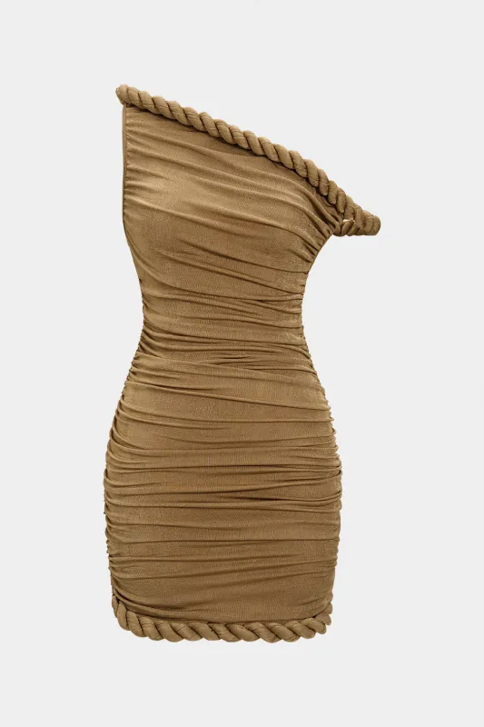 Asymmetrical Neck Twist Knot Ruched Mini Dress sold by Micas