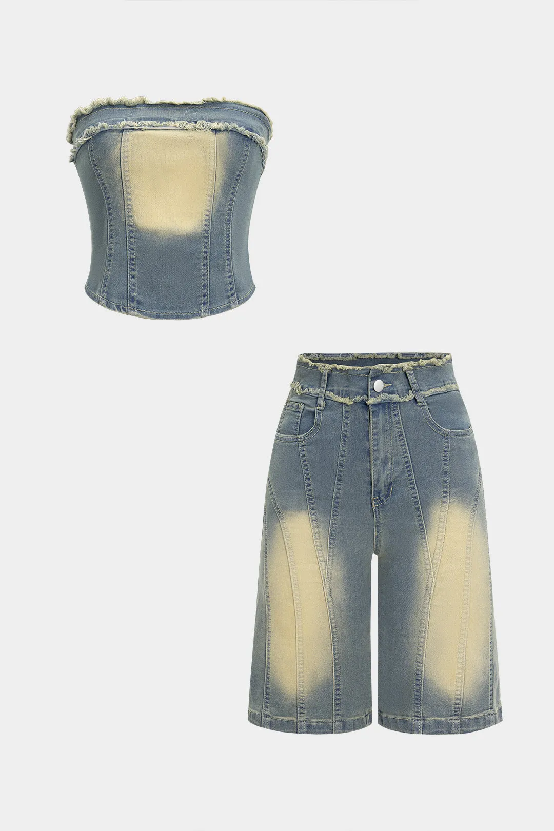 Denim Frayed Strapless Tube Top And Jorts Set sold by Micas