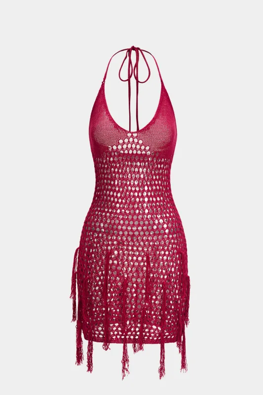 Knit Halter Neck Tie-Back Hollow Out Fringes Sleeveless Dress sold by Micas