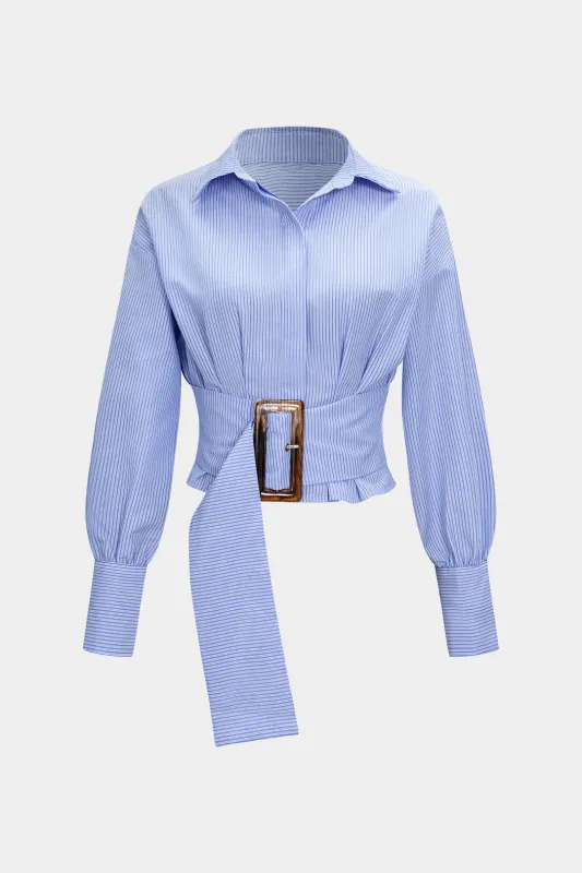 Stripes Print Belted Long-Sleeve Shirt sold by Micas