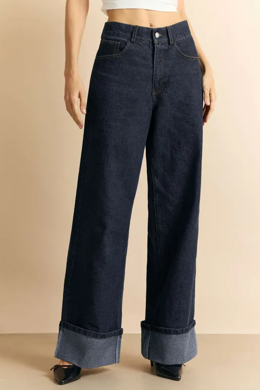 Denim Button Straight Leg Cuffed Jeans sold by Micas