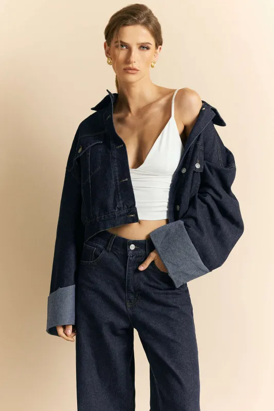 Denim Button Pocket Cuffed Long-Sleeve Top sold by Micas