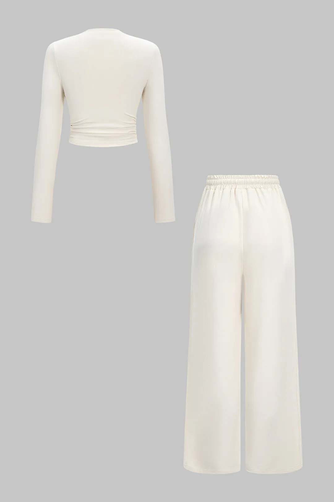 Ruched Long-Sleeve Top And Tie-Up High Waist Wide Leg Trousers Set sold by Micas product image thumbnail 2
