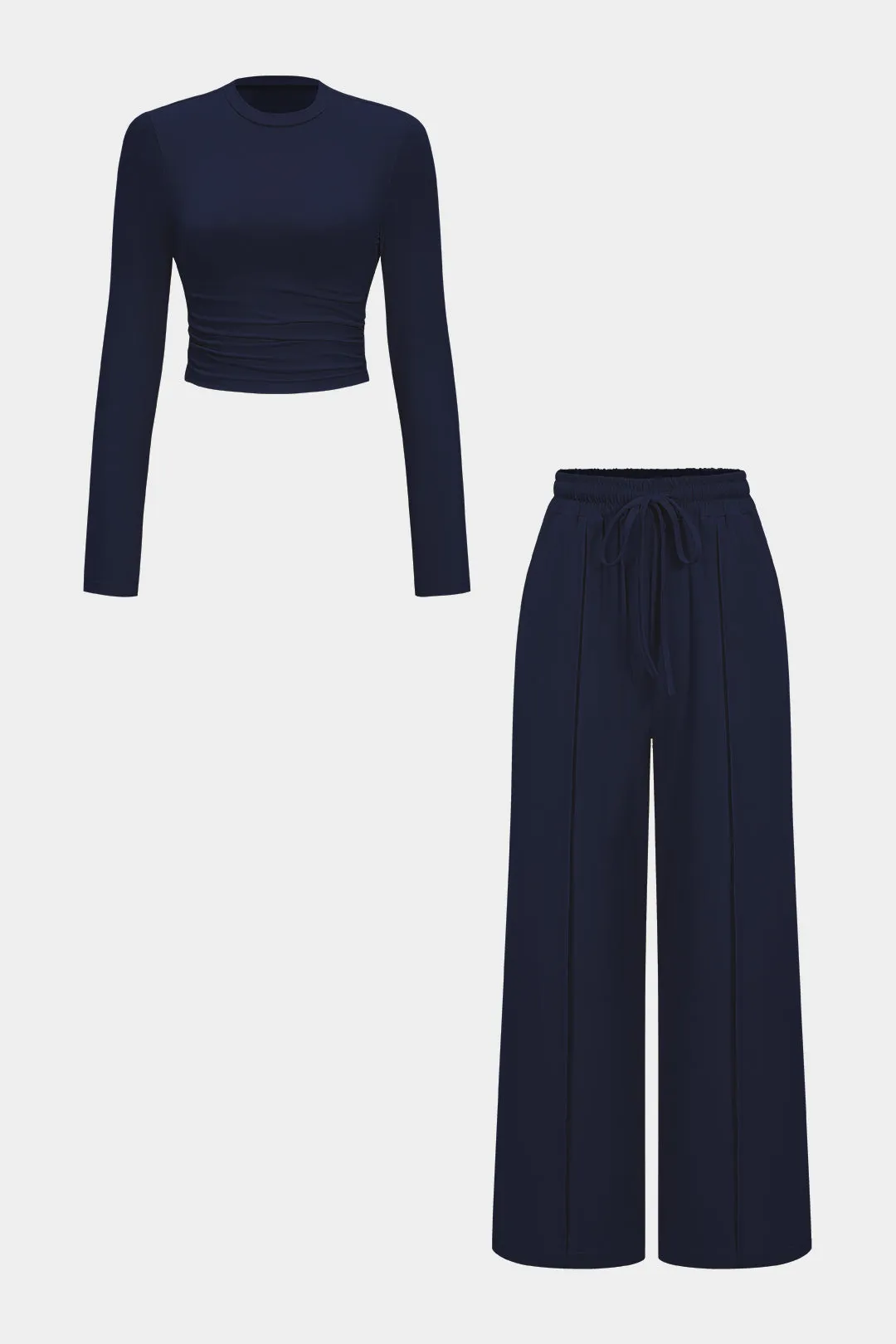Ruched Long-Sleeve Top And Tie-Up High Waist Wide Leg Trousers Set sold by Micas product image thumbnail 5