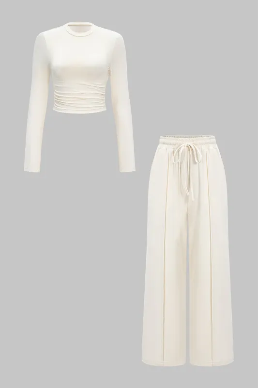 Ruched Long-Sleeve Top And Tie-Up High Waist Wide Leg Trousers Set sold by Micas