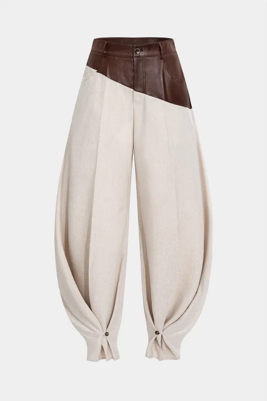 Faux Leather Ruched Patchwork Barrel Trousers sold by Micas