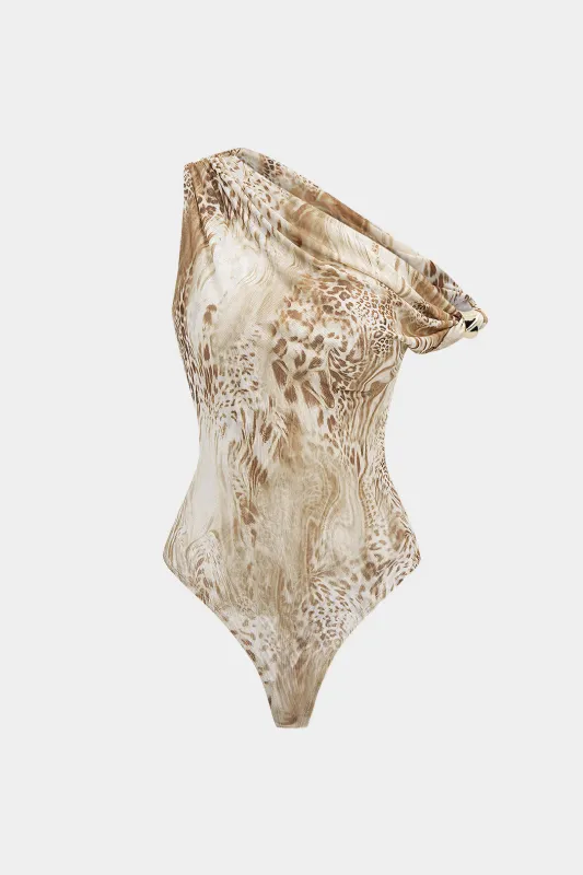 Leopard Abstract Print Asymmetrical Shoulder Ruched Bodysuit sold by Micas