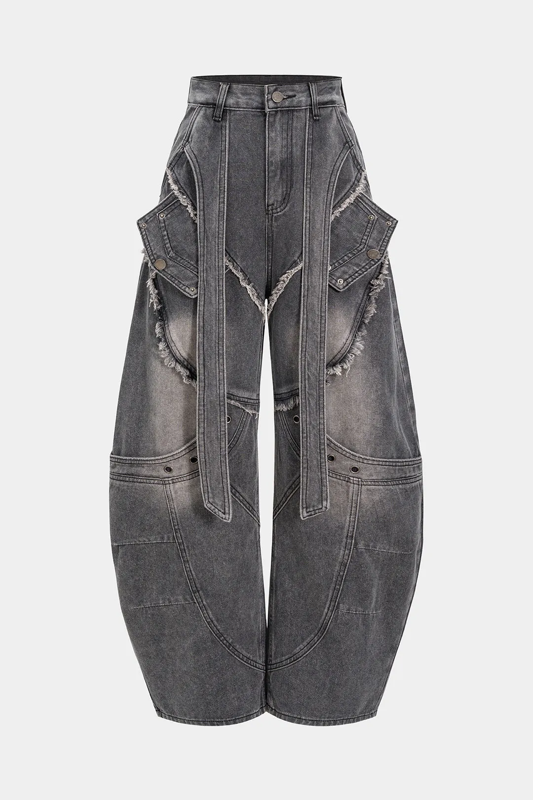 Denim Strappy Frayed Barrel Jeans sold by Micas