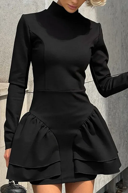 Solid Zipper Long-Sleeve Ruffle Mini Dress sold by Micas