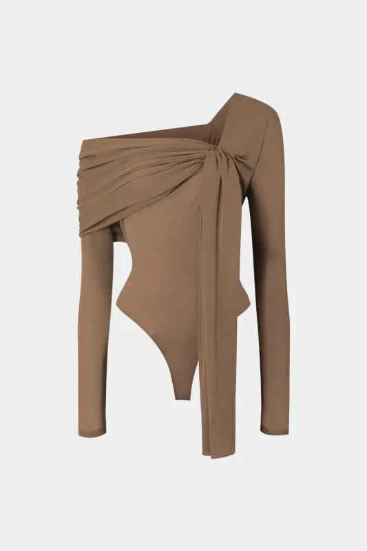 Asymmetrical Neck Ruched Strappy Long-Sleeve Bodysuit sold by Micas