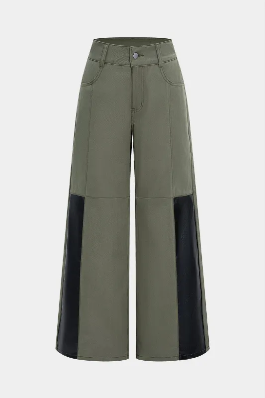Faux Leather Patchwork Wide Leg Trousers sold by Micas