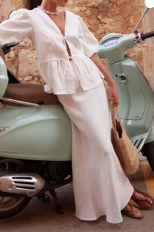 Tie-Up Ruffle Hem Puff Short-Sleeve Shirt And Mermaid Skirt Set sold by Micas