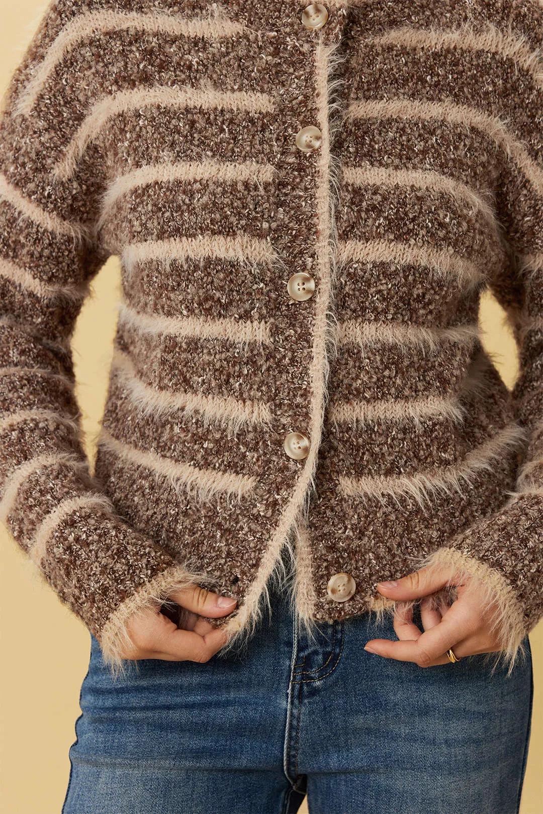 Knit Contrast Stripes Frayed Button Cardigan sold by Micas product image thumbnail 3
