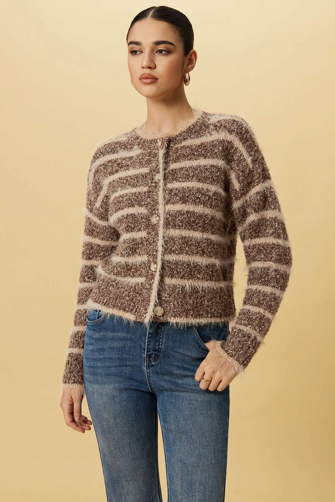 Knit Contrast Stripes Frayed Button Cardigan sold by Micas
