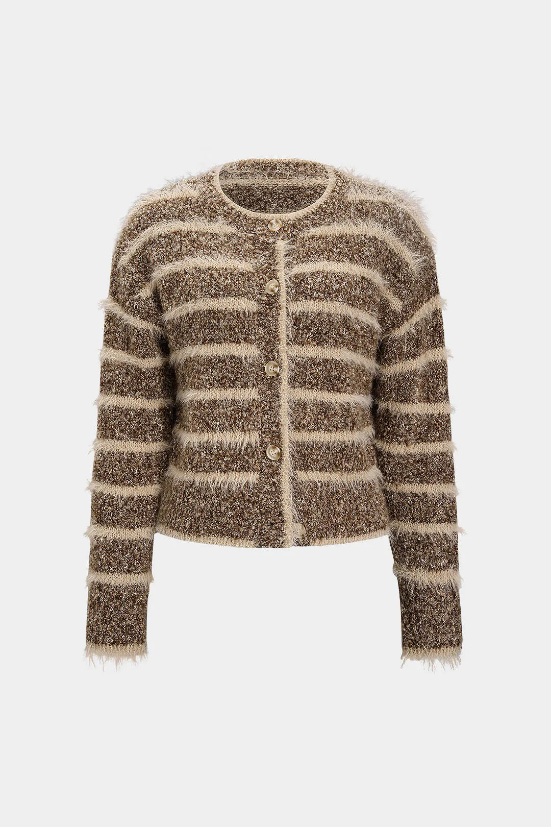 Knit Contrast Stripes Frayed Button Cardigan sold by Micas product image thumbnail 5