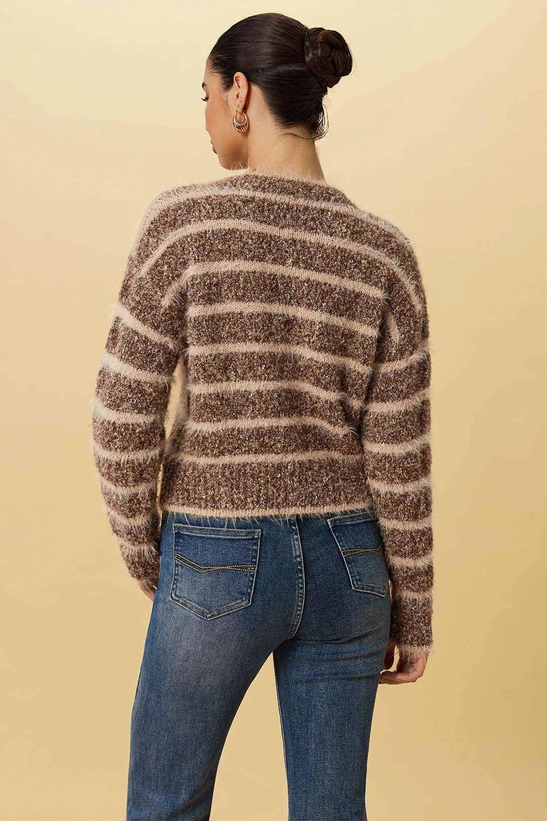 Knit Contrast Stripes Frayed Button Cardigan sold by Micas product image thumbnail 2