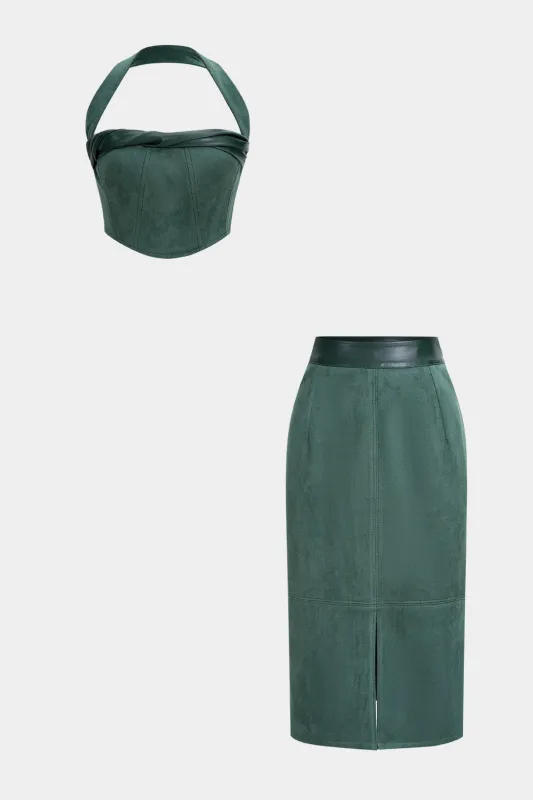 Faux Leather Patchwork Halter Neck Ruched Corset Zipper Cami Top And Split Skirt Set sold by Micas