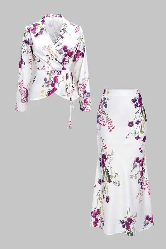 Floral Print Tie-Up Long-Sleeve Shirt And Skirt Set sold by Micas