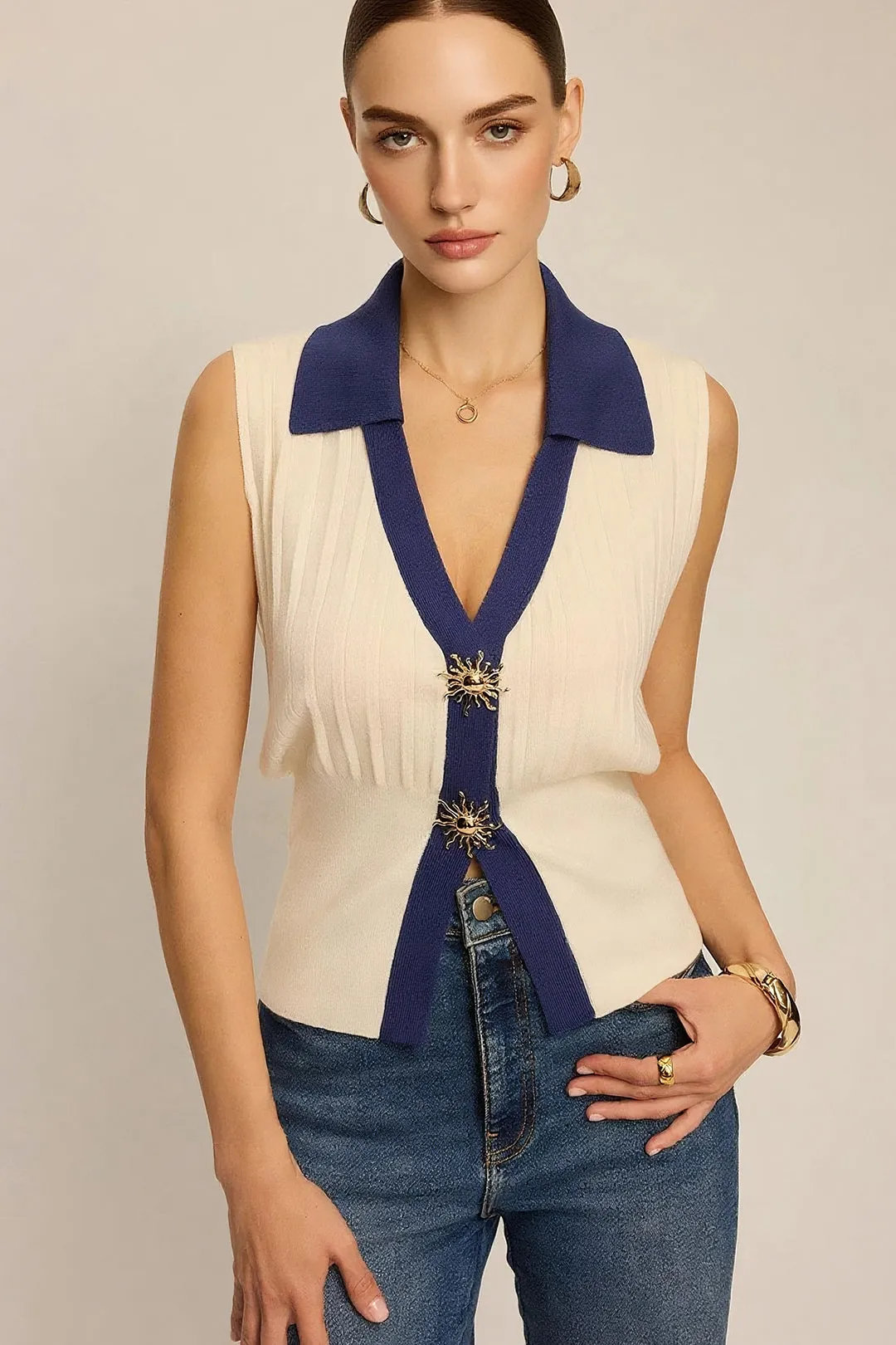 Knit Contrast Metallic Decor Vest sold by Micas