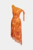 Floral Print Asymmetrical Shoulder Tie-Up Ruched Midi Dress sold by Micas