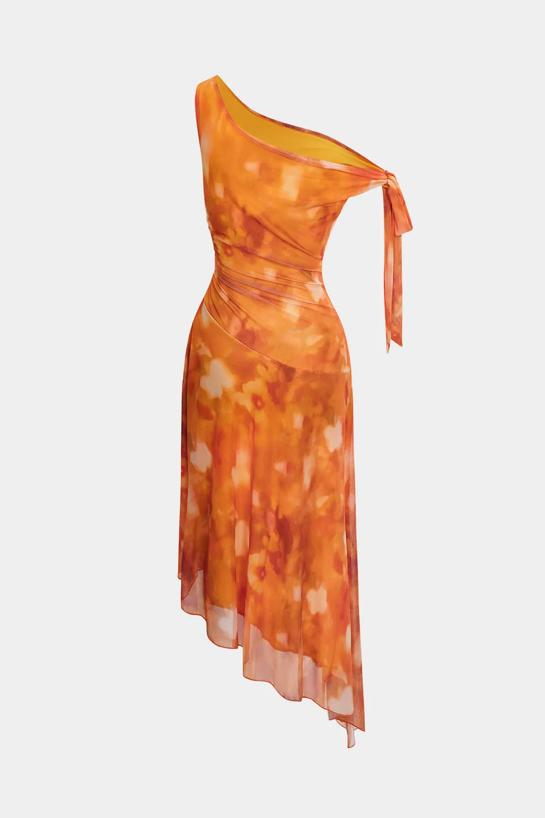 Floral Print Asymmetrical Shoulder Tie-Up Ruched Midi Dress sold by Micas product image thumbnail 2