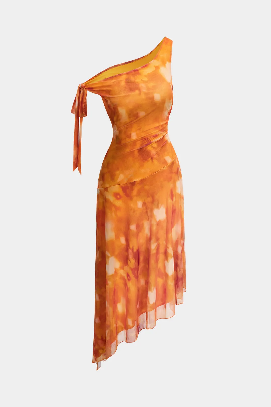 Floral Print Asymmetrical Shoulder Tie-Up Ruched Midi Dress sold by Micas