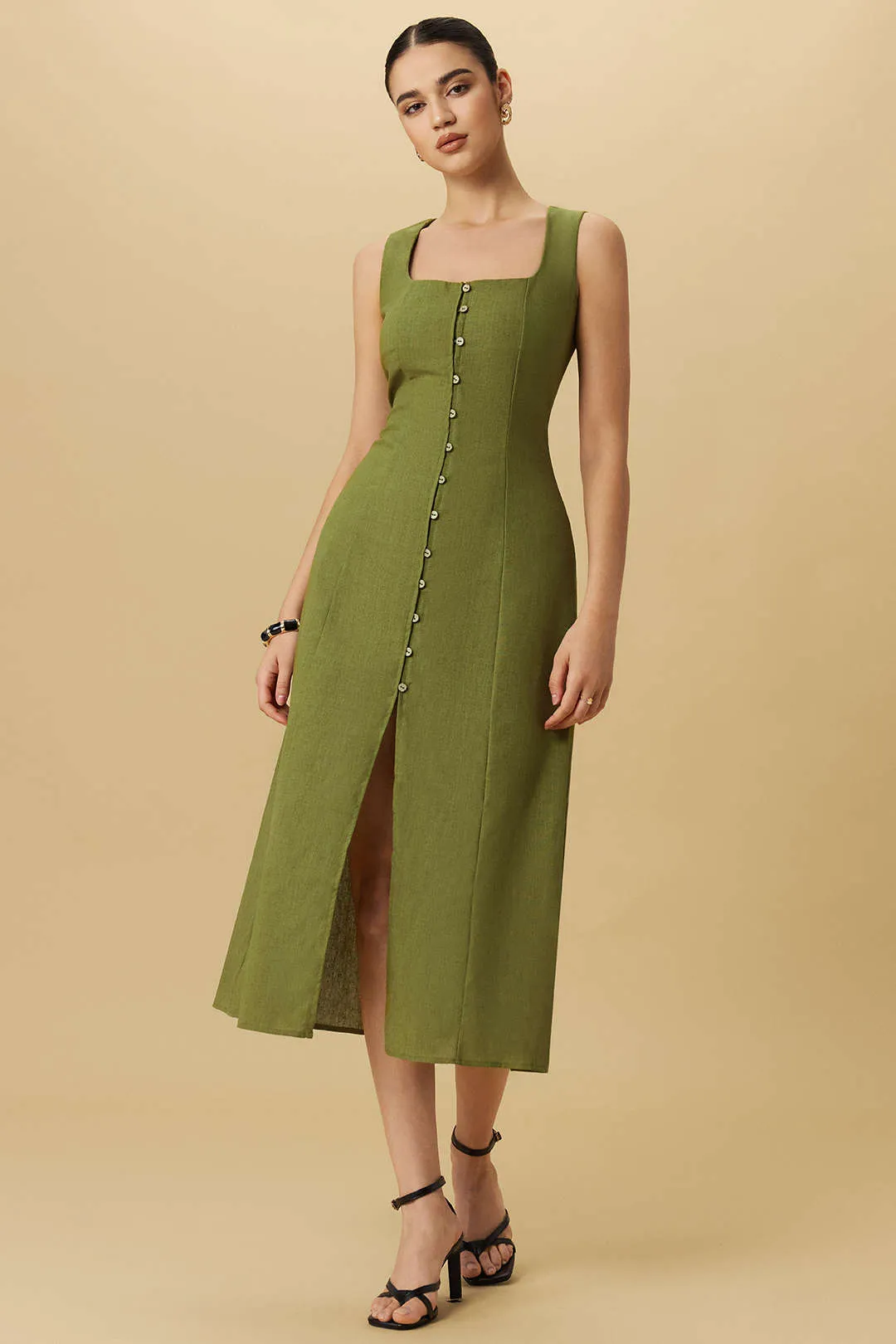 Button Square Neck Tank Sleeveless Midi Dress sold by Micas