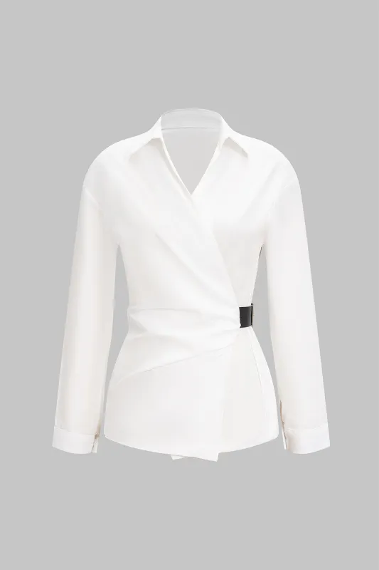Ruched Belted Polo Collar Long-Sleeve Shirt sold by Micas