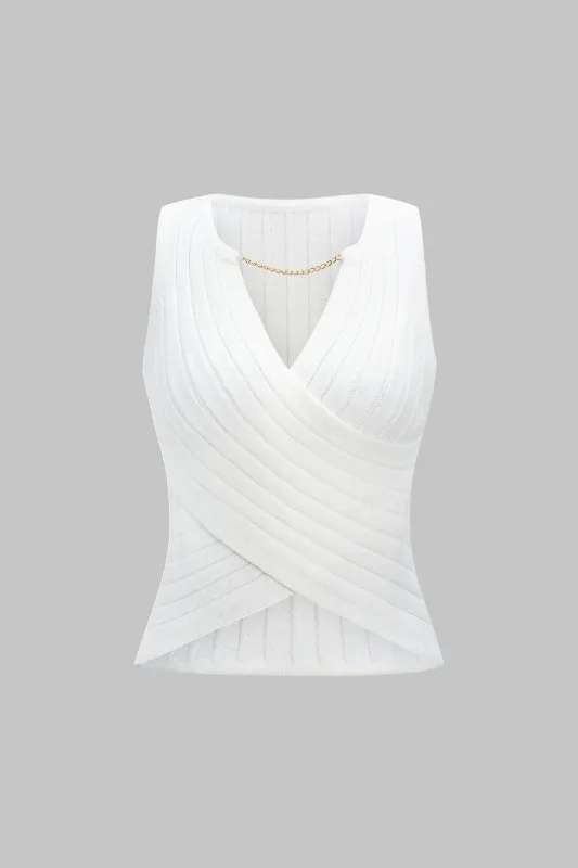 Knit Crossed Metallic Chain Tank Top sold by Micas