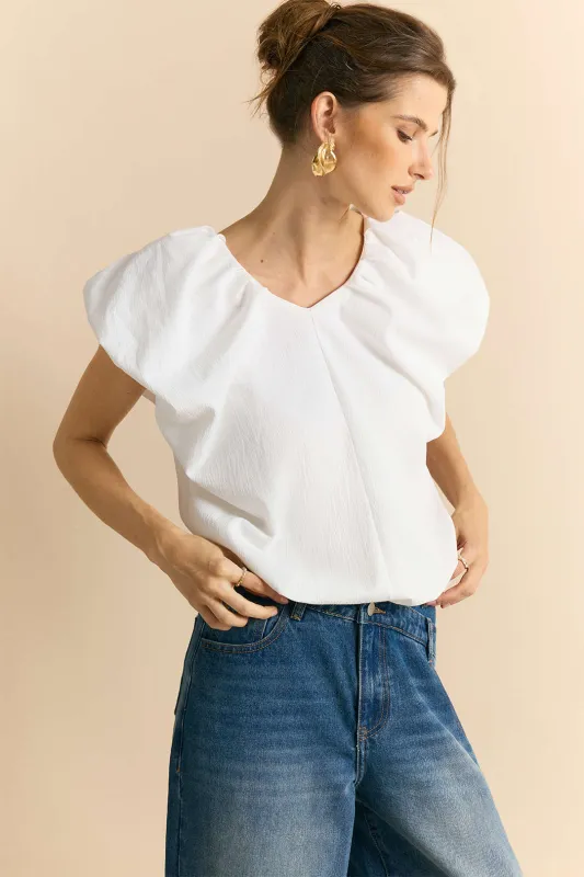 Tie-Back V-Neck Puff Short Sleeve T-Shirt sold by Micas