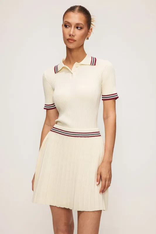 Knit Contrast Stripes Button Short-Sleeve Top And Mini Skirt Set sold by Micas