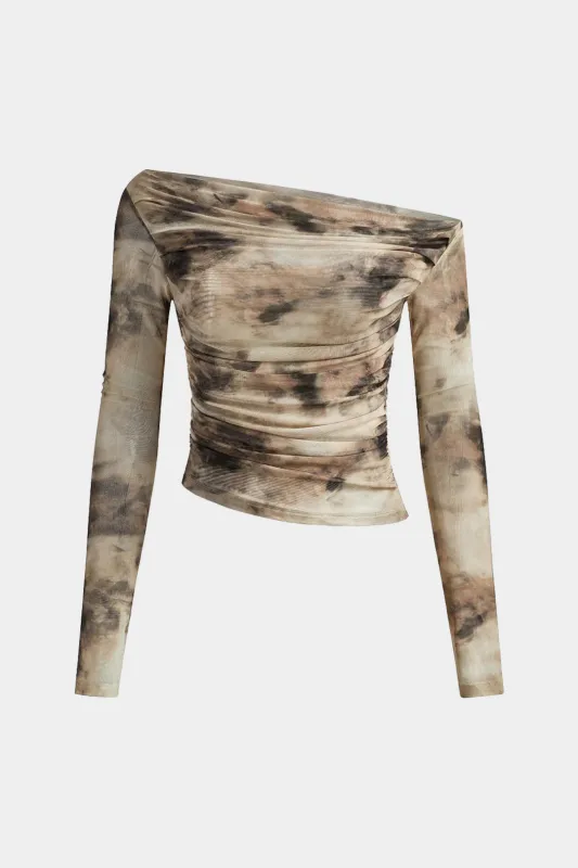 Abstract Print Mesh Off Shoulder Ruched Asymmetrical Long-Sleeve Top sold by Micas
