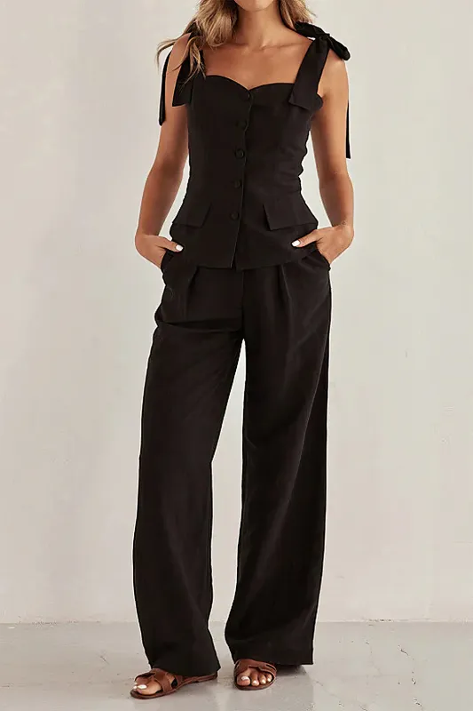 Tie-Up Button Cami Top And High Waist Wide Leg Trousers Set sold by Micas
