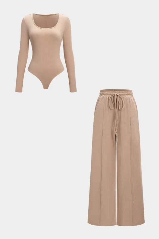 Round Neck Long-Sleeve Bodysuit And Drawstring Trousers Set sold by Micas