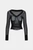 Mesh Patchwork V-Neck Ruched Long-Sleeve Top sold by Micas
