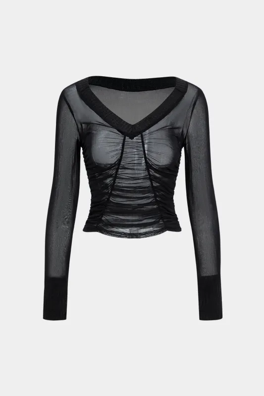 Mesh Patchwork V-Neck Ruched Long-Sleeve Top sold by Micas