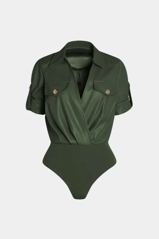 Faux Leather Patchwork Ruched Short-Sleeve Bodysuit sold by Micas