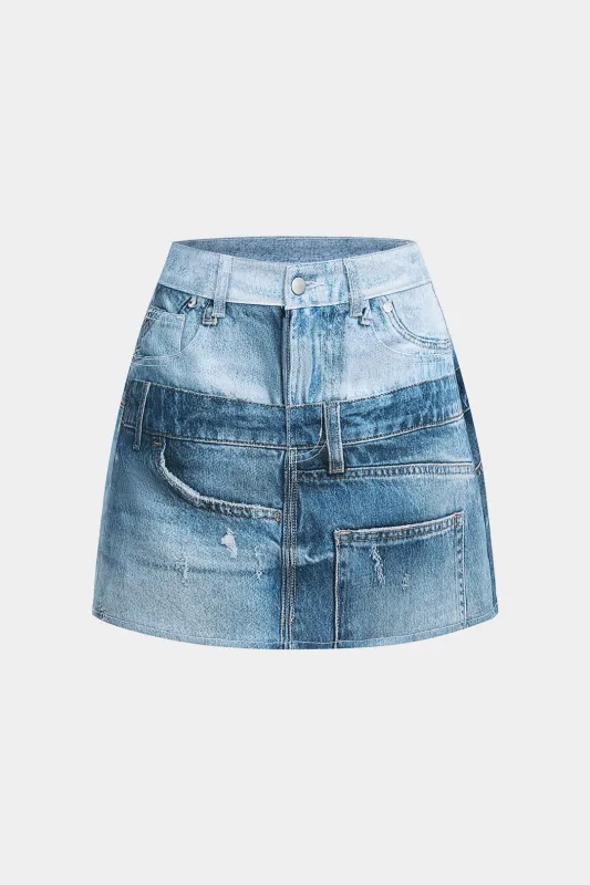 Denim Illusion Pattern High Waist Mini Skirt sold by Micas