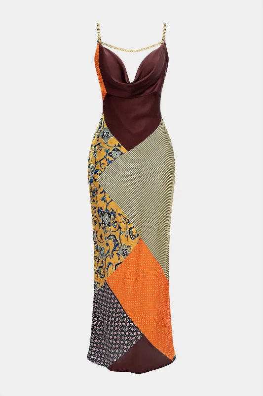 Drapped Cowl Neck Abstract Colorblock Print Metallic Chain Backless Sleeveless Maxi Dress sold by Micas
