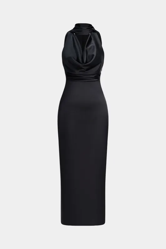 Satin Halter Draped Cowl Neck Tie-Back Ruched Sleeveless Midi Dress sold by Micas