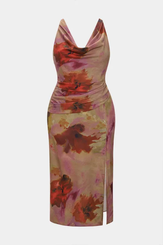 Plus Size Floral Print Cowl Neck Ruched Sleeveless Dress sold by Micas