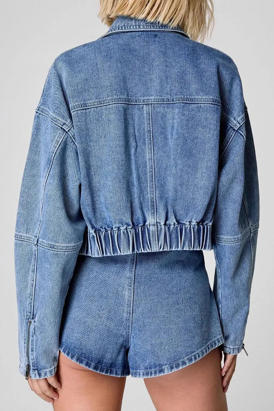 Denim Zipper Pocket Long-Sleeve Top And Tie-Up Jorts Set sold by Micas product image thumbnail 2