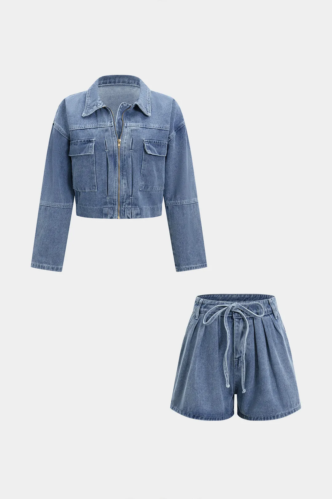 Denim Zipper Pocket Long-Sleeve Top And Tie-Up Jorts Set sold by Micas product image thumbnail 3