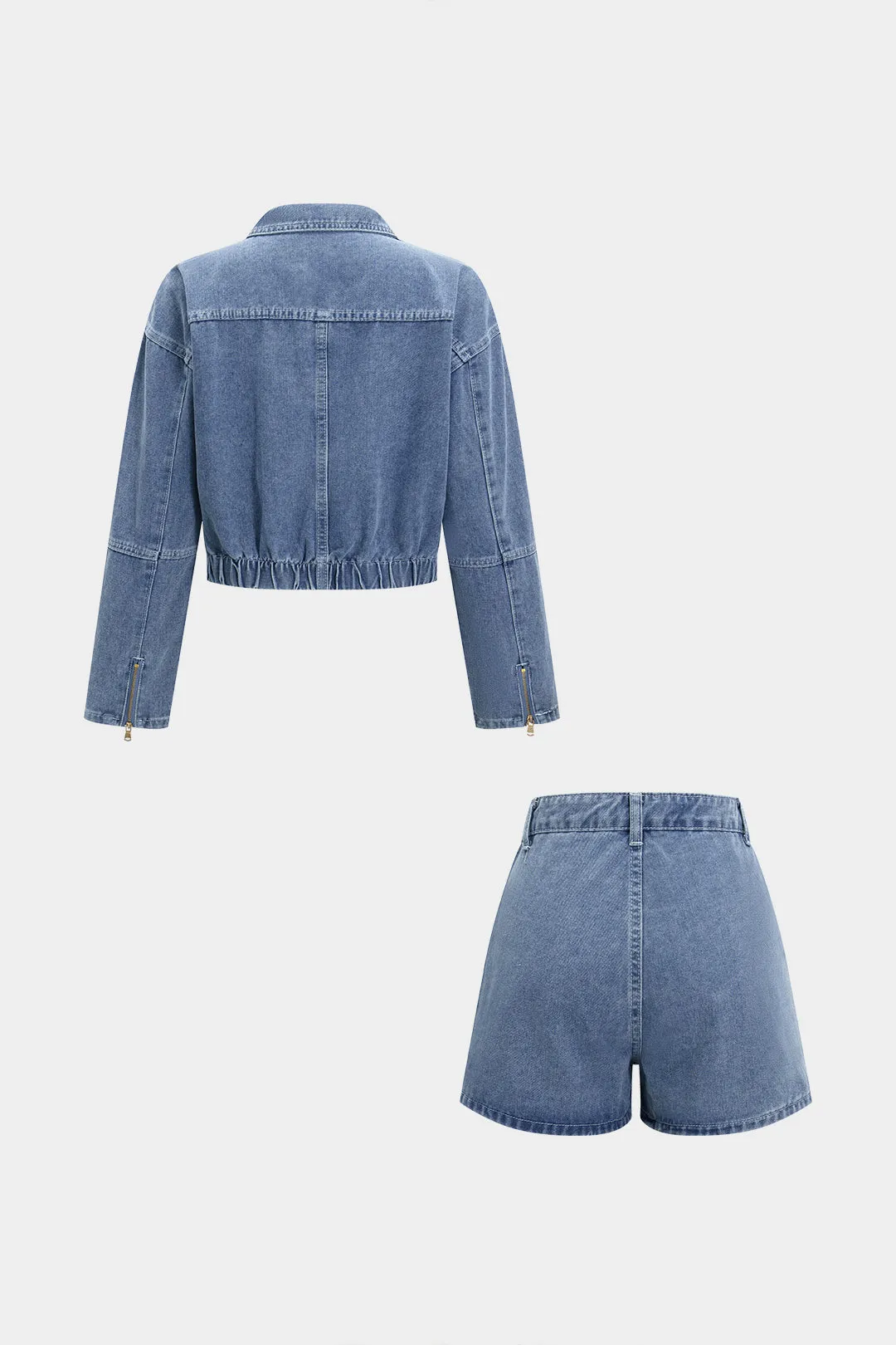Denim Zipper Pocket Long-Sleeve Top And Tie-Up Jorts Set sold by Micas product image thumbnail 4