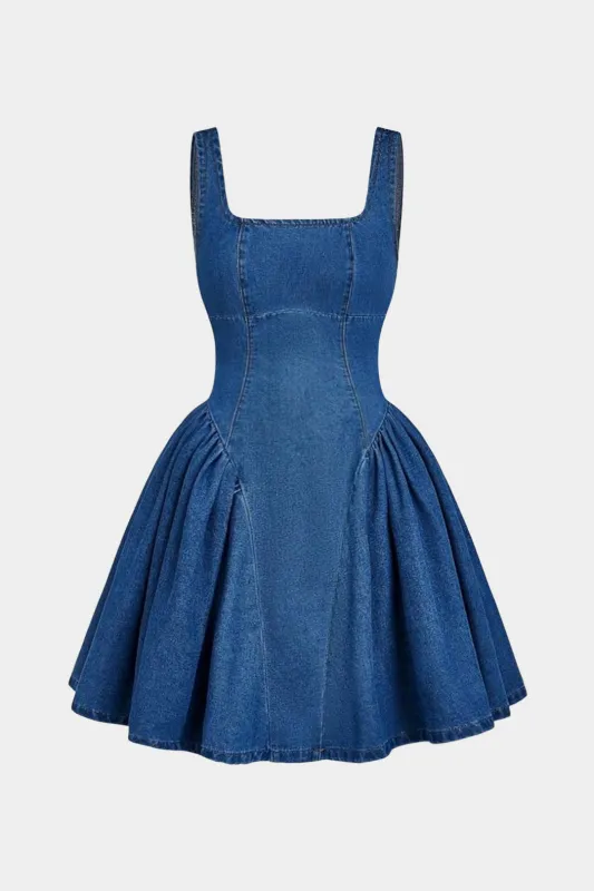Denim Puff Hem Tank Sleeveless Mini Dress sold by Micas
